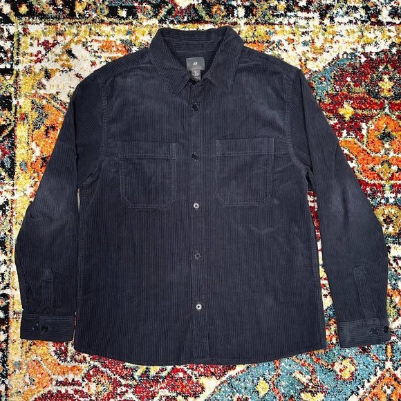 Large H&M Men's Navy and Blue Button-Up - Picture 1 of 4
